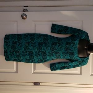 Green floral lace print pencil dress 3/4 sleeves